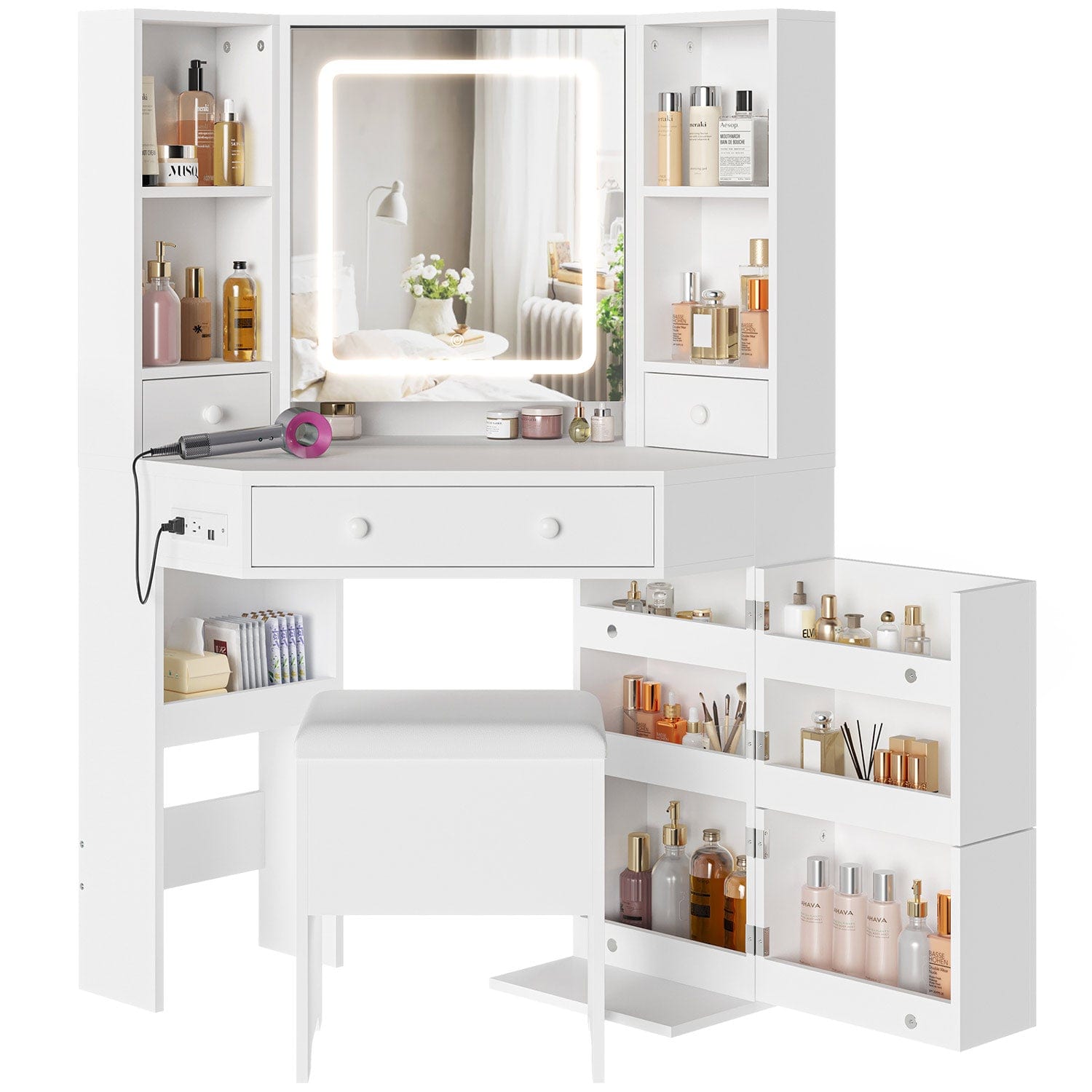Hauoms Vanity White / Engineered Wood / Modern Corner LED Makeup Vanity Desk White