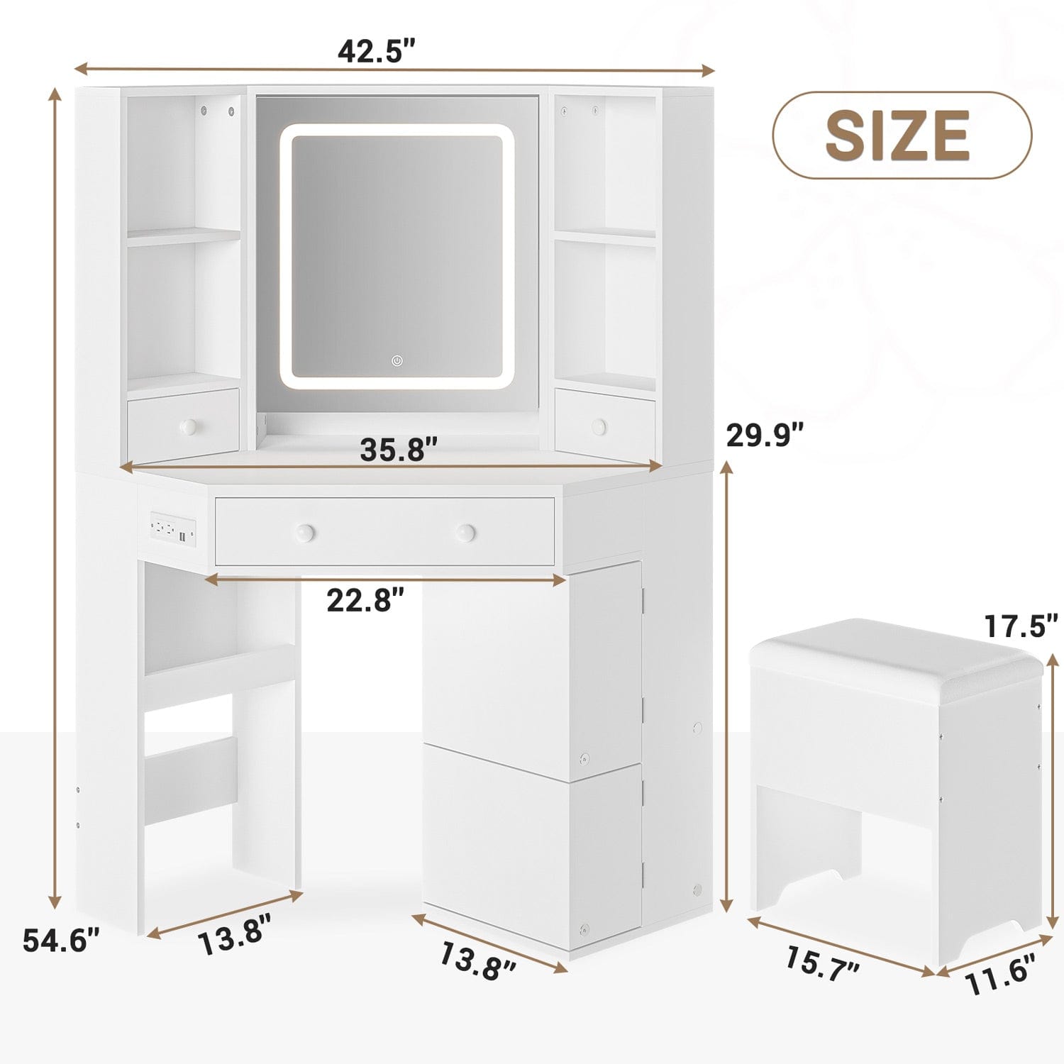 Hauoms Vanity White / Engineered Wood / Modern Corner LED Makeup Vanity Desk White