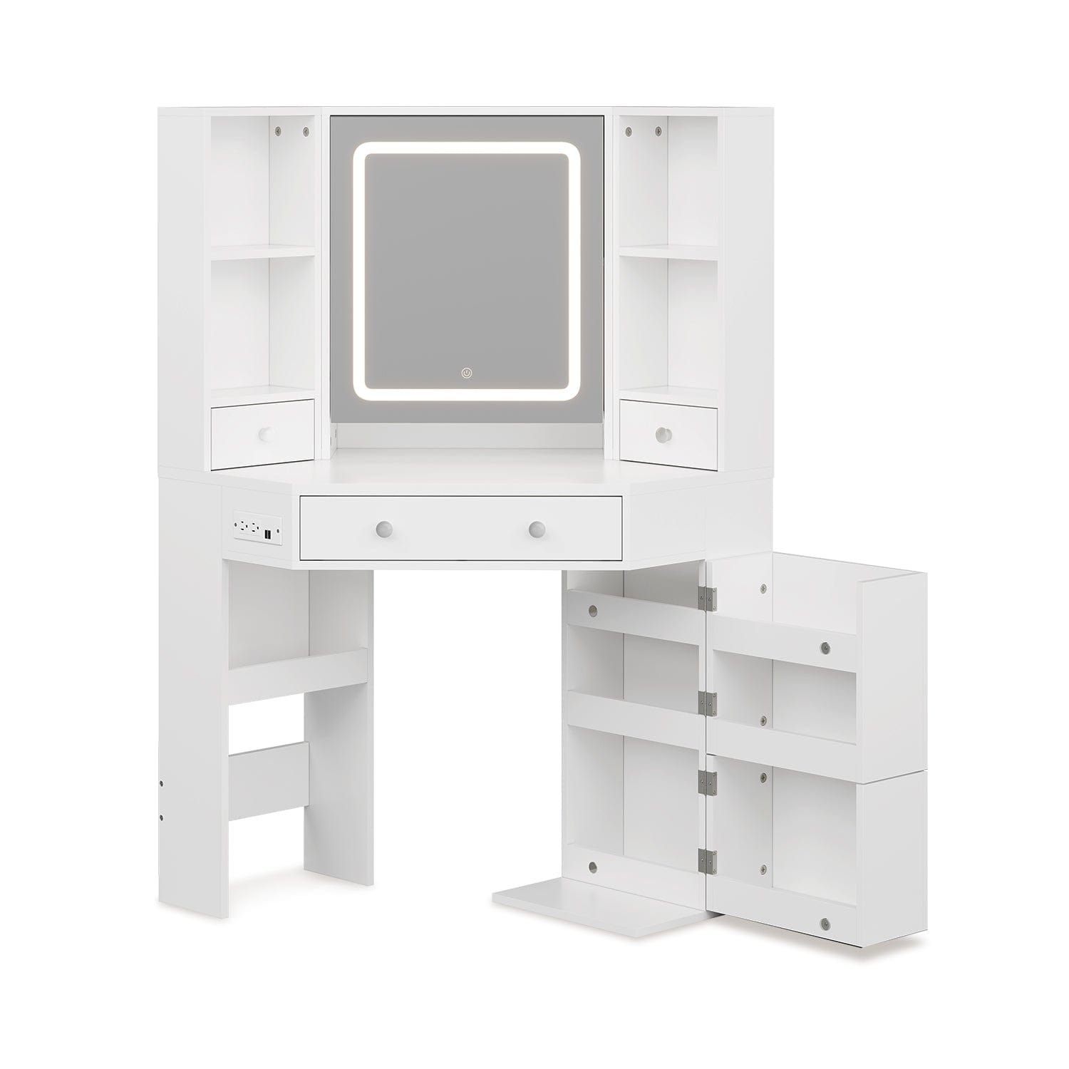 HAUOMS Vanity White / Engineered Wood / Modern Corner LED Makeup Vanity Table White