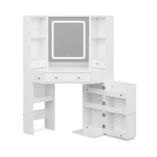 HAUOMS Vanity White / Engineered Wood / Modern Corner LED Makeup Vanity Table White