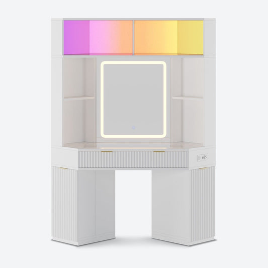HAUOMS Vanity White / Engineered Wood / Modern Fluted Corner Makeup Vanity with LED Lights & Charging White