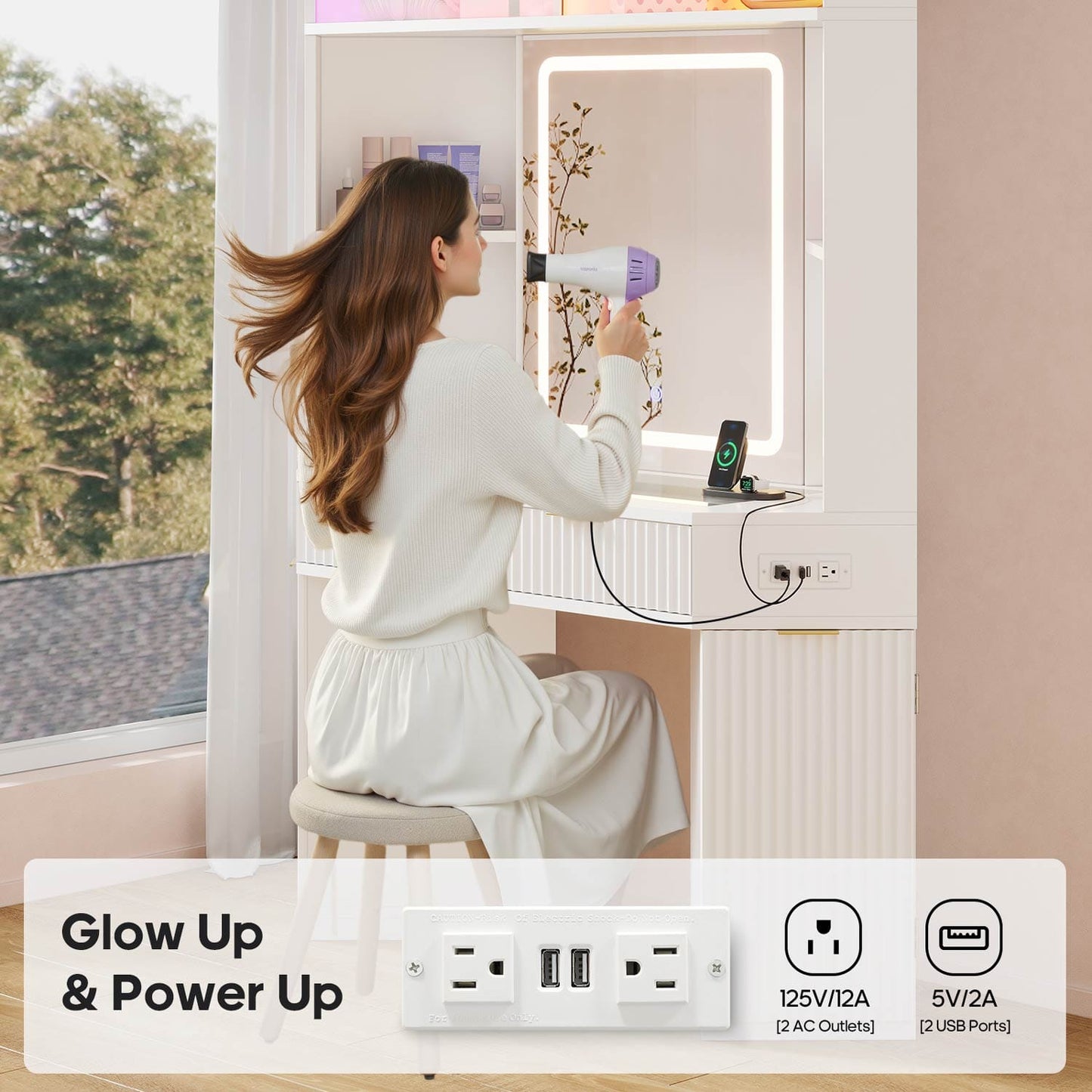 HAUOMS Vanity White / Engineered Wood / Modern Fluted Corner Makeup Vanity with LED Lights & Charging White