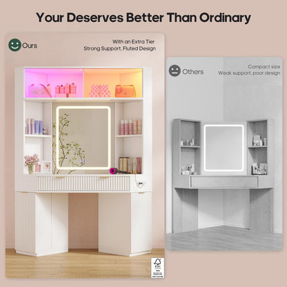 HAUOMS Vanity White / Engineered Wood / Modern Fluted Corner Makeup Vanity with LED Lights & Charging White