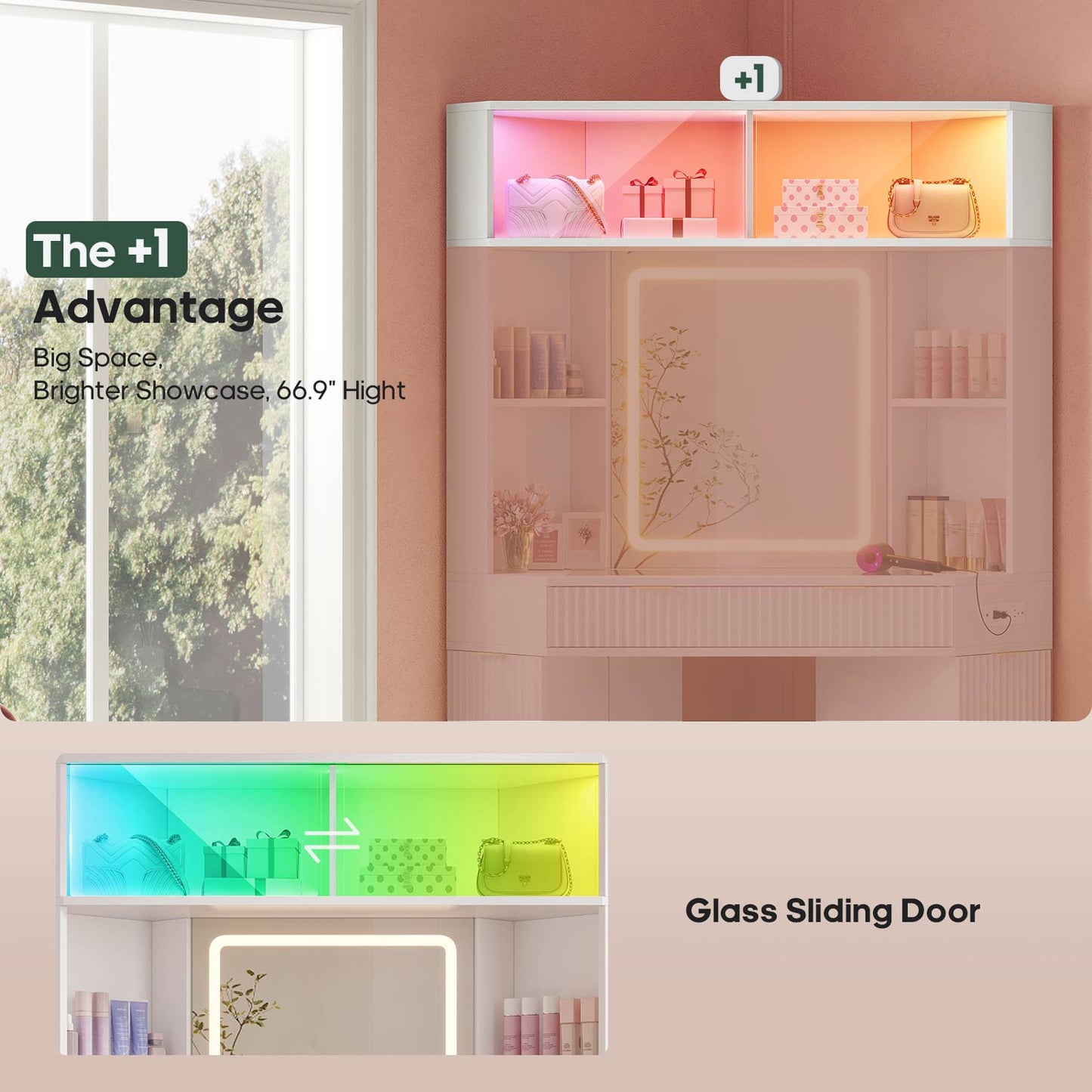 HAUOMS Vanity White / Engineered Wood / Modern Fluted Corner Makeup Vanity with LED Lights & Charging White