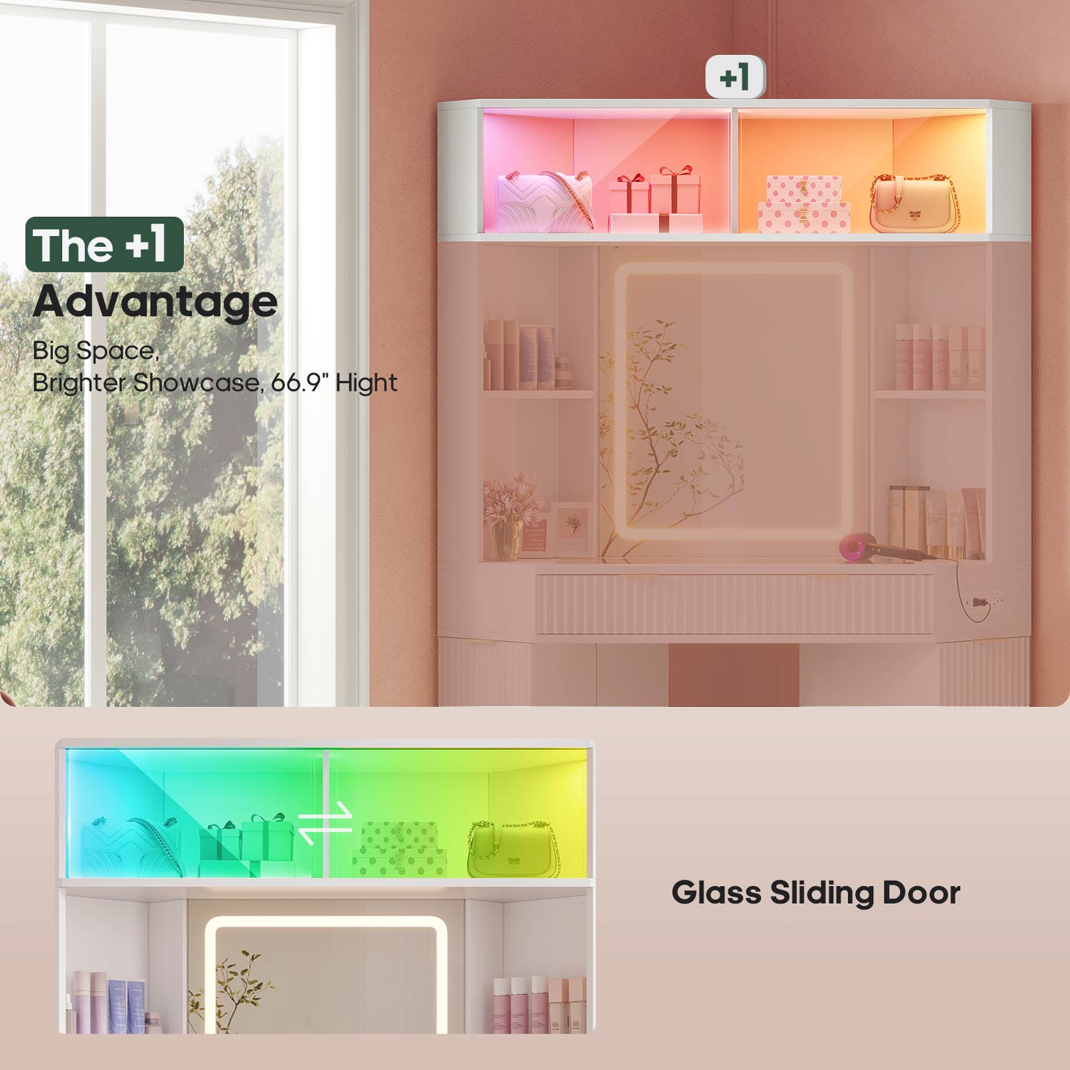 HAUOMS Vanity White / Engineered Wood / Modern Fluted Corner Makeup Vanity with LED Lights & Charging White