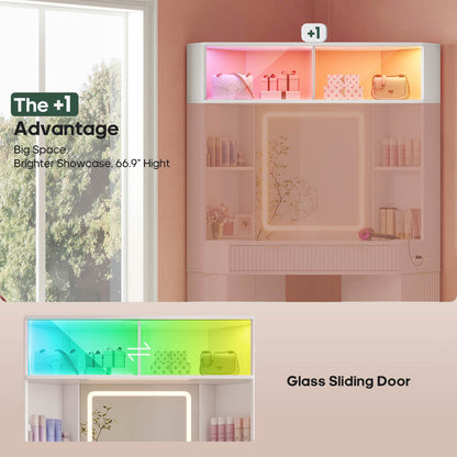 HAUOMS Vanity White / Engineered Wood / Modern Fluted Corner Makeup Vanity with LED Lights & Charging White