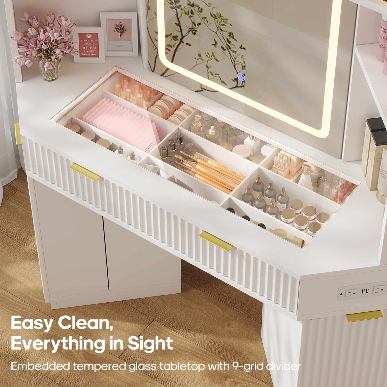 HAUOMS Vanity White / Engineered Wood / Modern Fluted Corner Makeup Vanity with LED Lights & Charging White