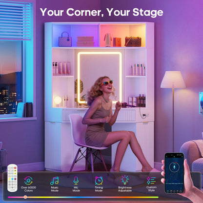 HAUOMS Vanity White / Engineered Wood / Modern Fluted Corner Makeup Vanity with LED Lights & Charging White