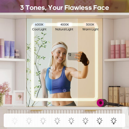 HAUOMS Vanity White / Engineered Wood / Modern Fluted Corner Makeup Vanity with LED Lights & Charging White