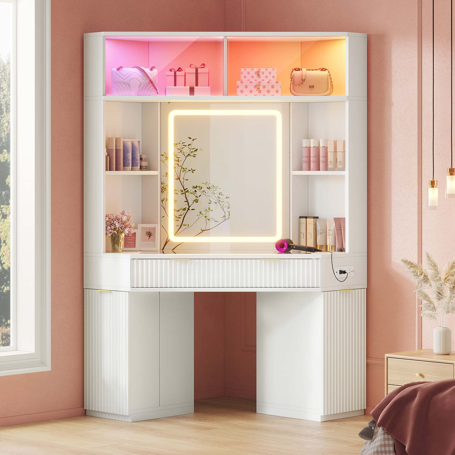 HAUOMS Vanity White / Engineered Wood / Modern Fluted Corner Makeup Vanity with LED Lights & Charging White