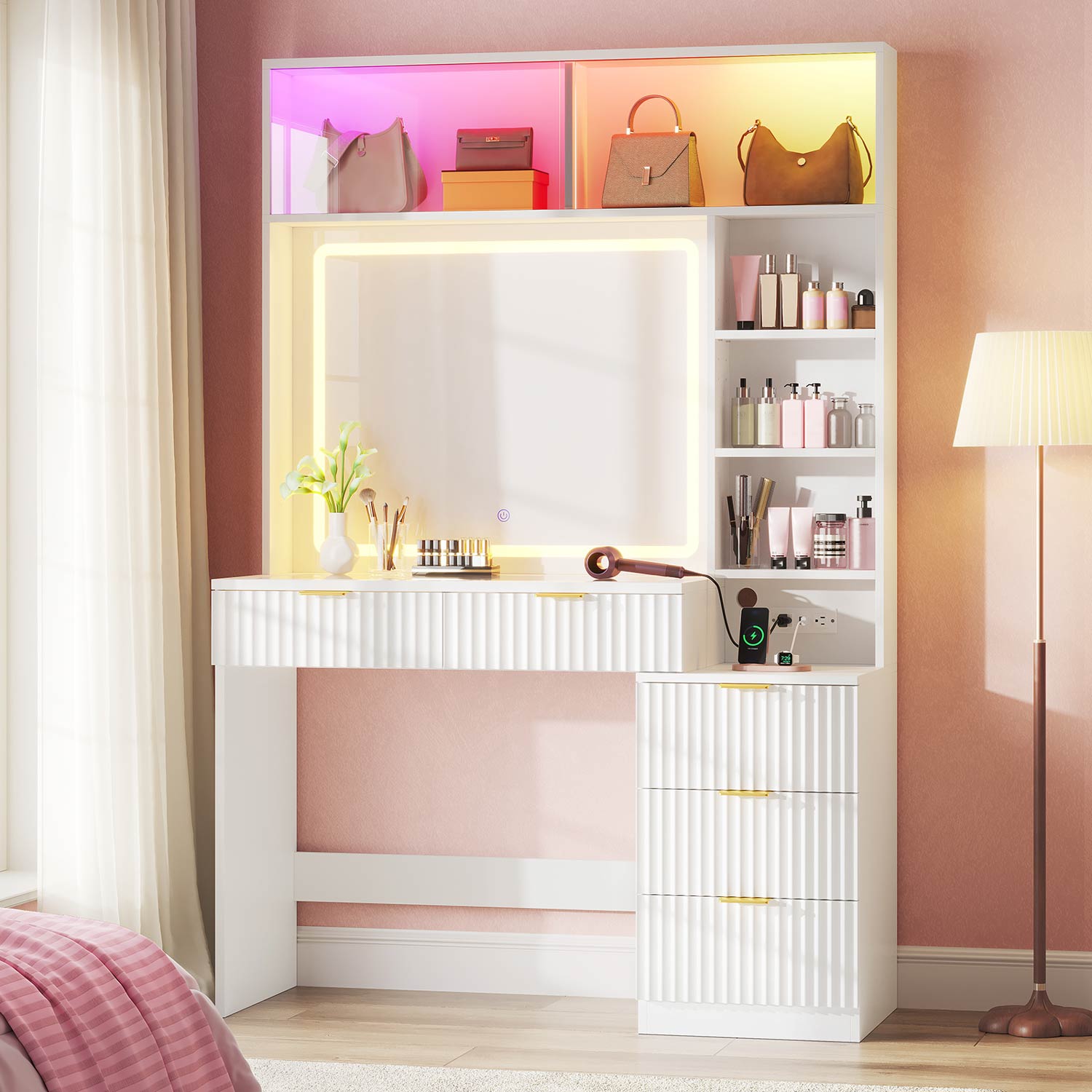 HAUOMS Vanity White / Engineered Wood / Modern Fluted Makeup Vanity with Sync Music LED Lights and Glass Top White