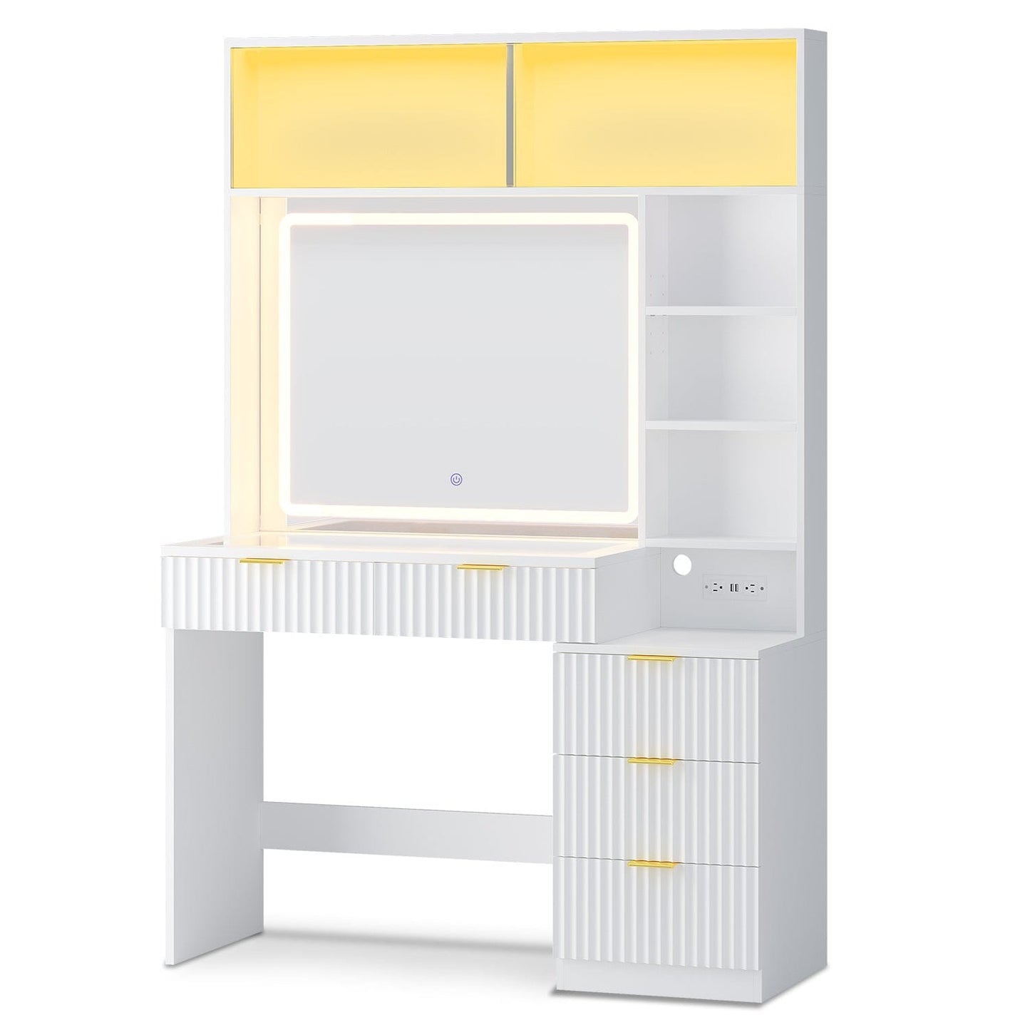 HAUOMS Vanity White / Engineered Wood / Modern Fluted Makeup Vanity with Sync Music LED Lights and Glass Top White
