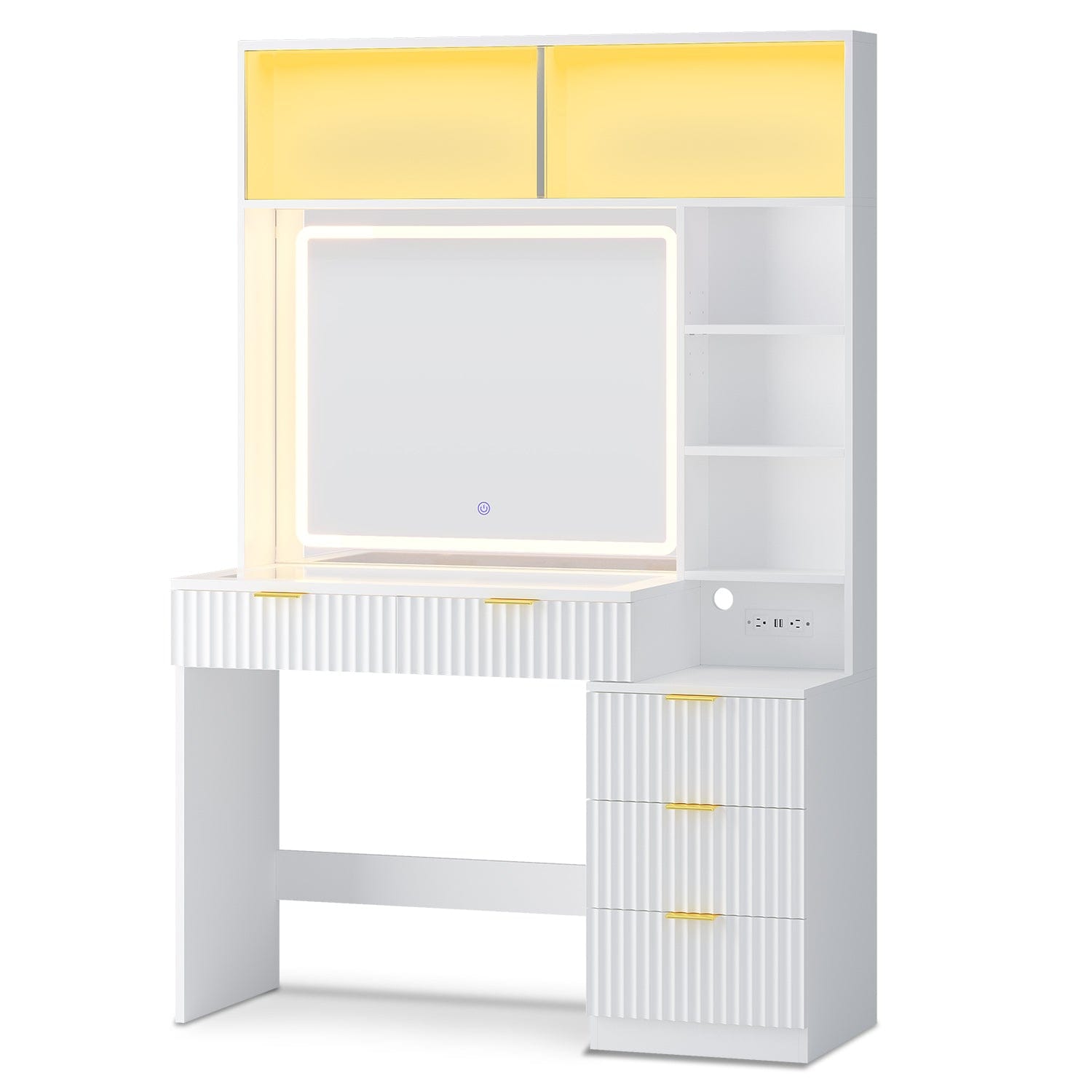 HAUOMS Vanity White / Engineered Wood / Modern Fluted Makeup Vanity with Sync Music LED Lights and Glass Top White
