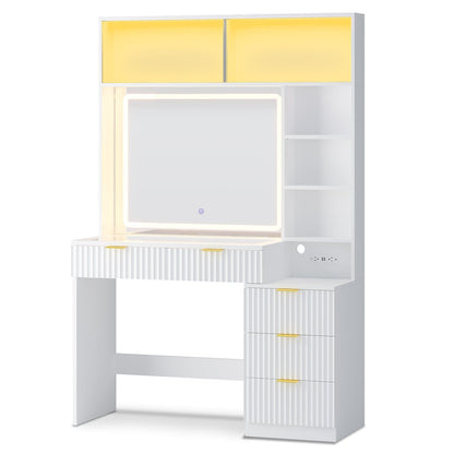 HAUOMS Vanity White / Engineered Wood / Modern Fluted Makeup Vanity with Sync Music LED Lights and Glass Top White