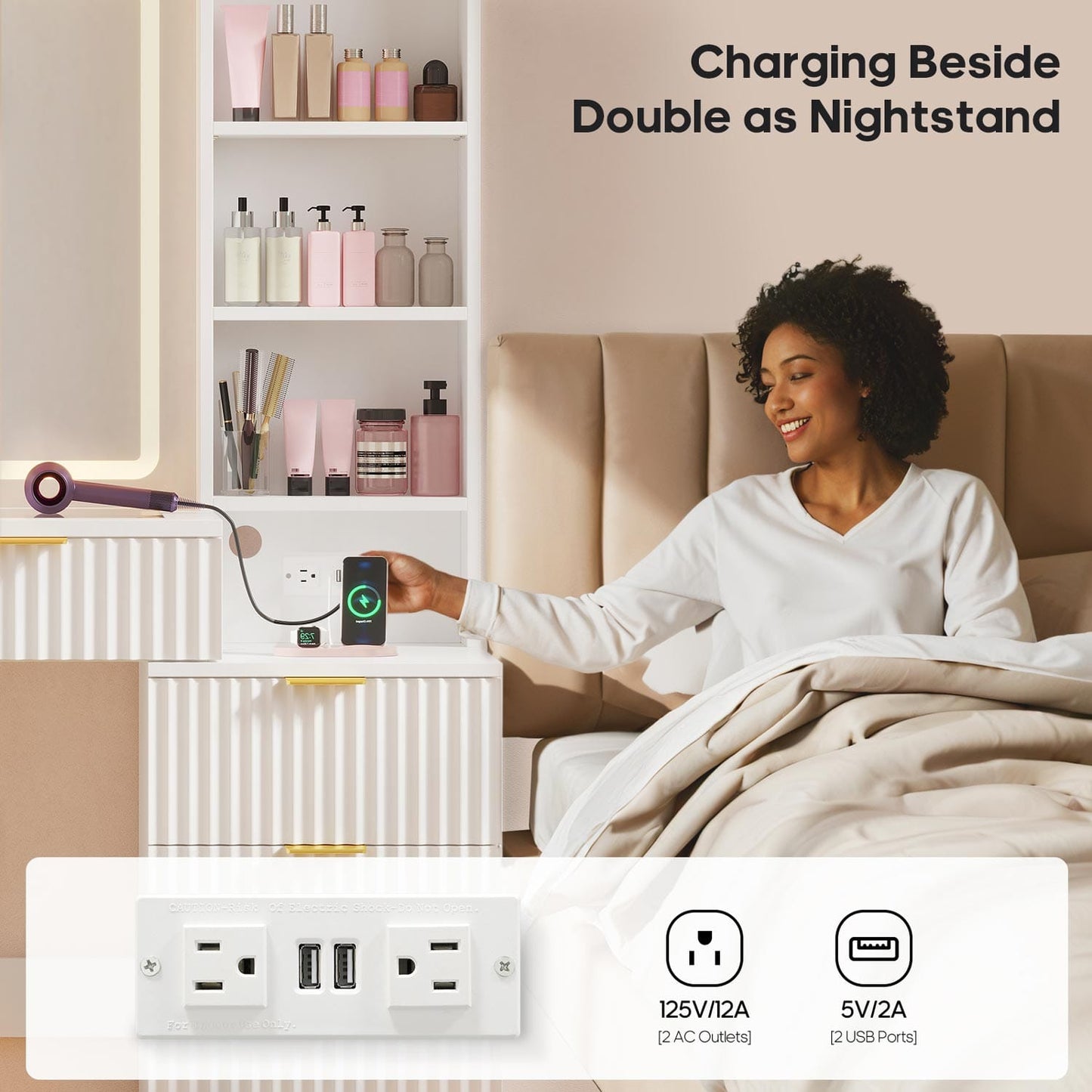 HAUOMS Vanity White / Engineered Wood / Modern Fluted Makeup Vanity with Sync Music LED Lights and Glass Top White