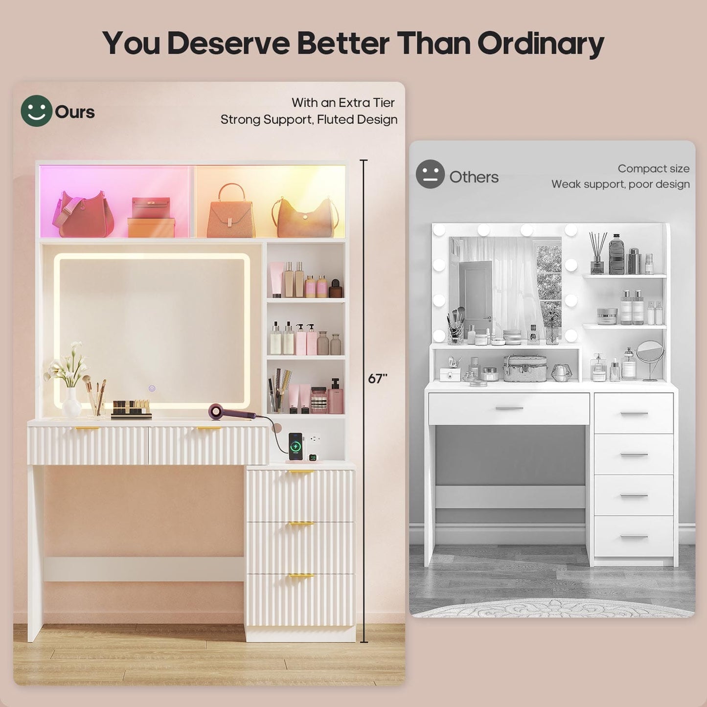 HAUOMS Vanity White / Engineered Wood / Modern Fluted Makeup Vanity with Sync Music LED Lights and Glass Top White