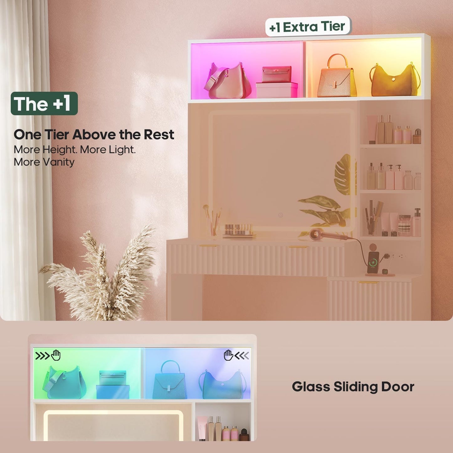 HAUOMS Vanity White / Engineered Wood / Modern Fluted Makeup Vanity with Sync Music LED Lights and Glass Top White