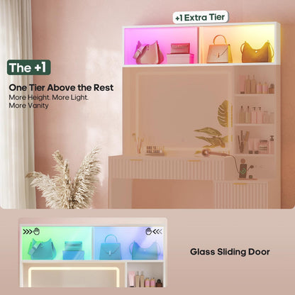 HAUOMS Vanity White / Engineered Wood / Modern Fluted Makeup Vanity with Sync Music LED Lights and Glass Top White