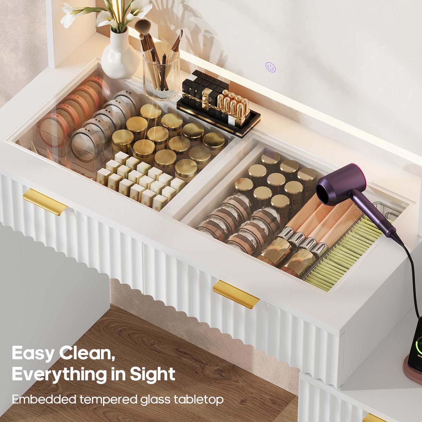 HAUOMS Vanity White / Engineered Wood / Modern Fluted Makeup Vanity with Sync Music LED Lights and Glass Top White