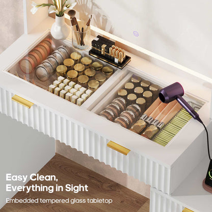 HAUOMS Vanity White / Engineered Wood / Modern Fluted Makeup Vanity with Sync Music LED Lights and Glass Top White