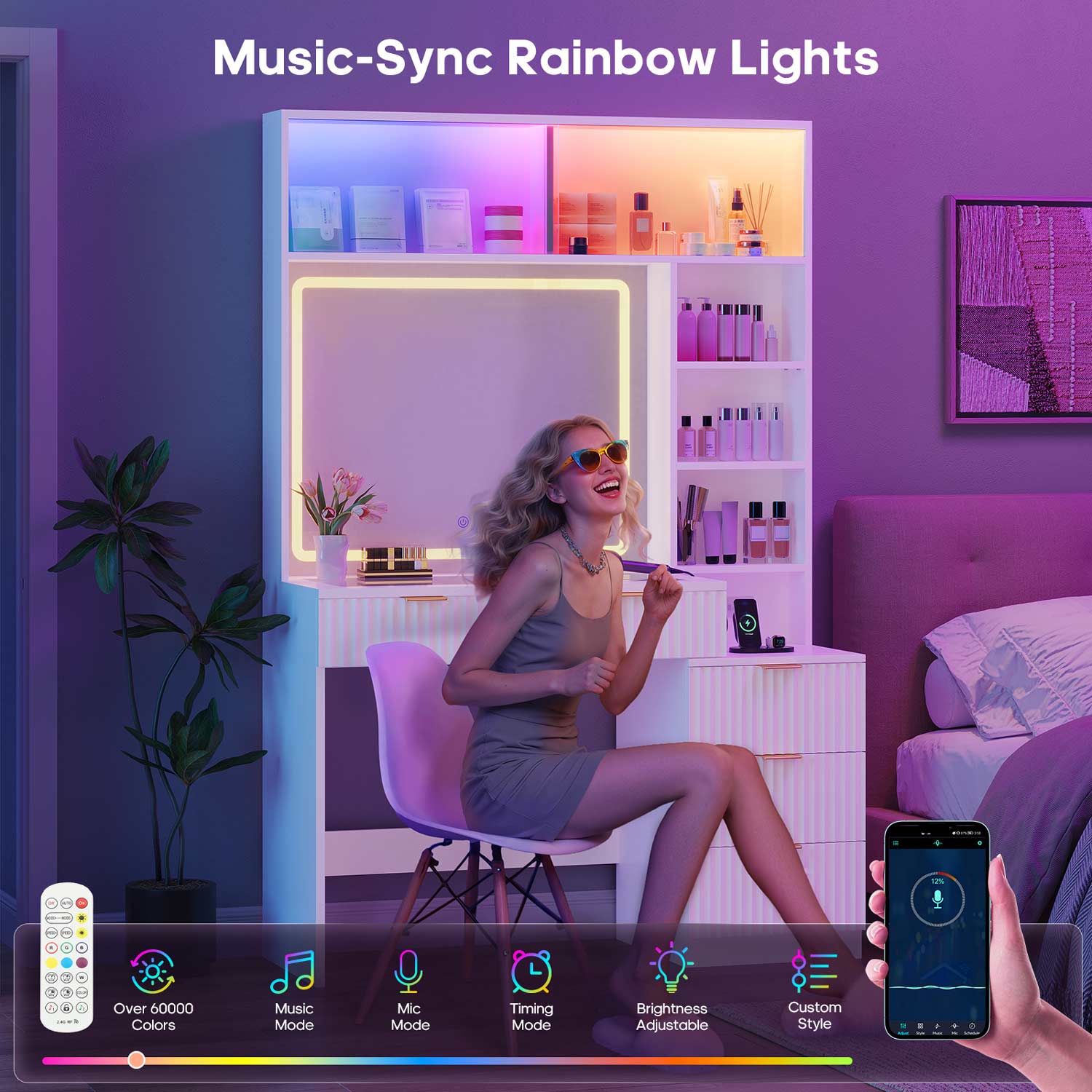 HAUOMS Vanity White / Engineered Wood / Modern Fluted Makeup Vanity with Sync Music LED Lights and Glass Top White