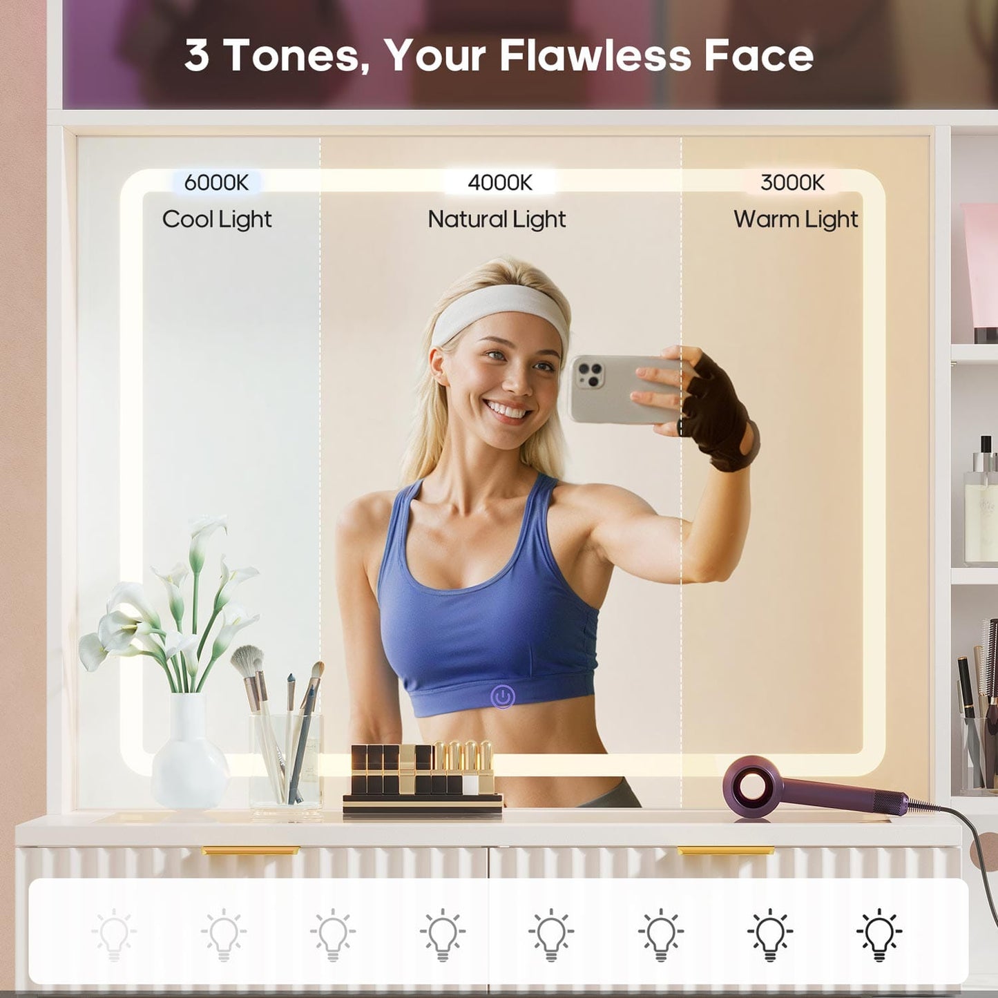 HAUOMS Vanity White / Engineered Wood / Modern Fluted Makeup Vanity with Sync Music LED Lights and Glass Top White