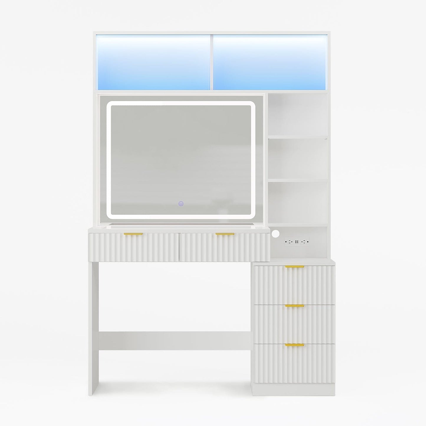 HAUOMS Vanity White / Engineered Wood / Modern Fluted Makeup Vanity with Sync Music LED Lights and Glass Top White