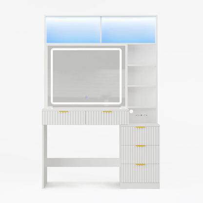 HAUOMS Vanity White / Engineered Wood / Modern Fluted Makeup Vanity with Sync Music LED Lights and Glass Top White