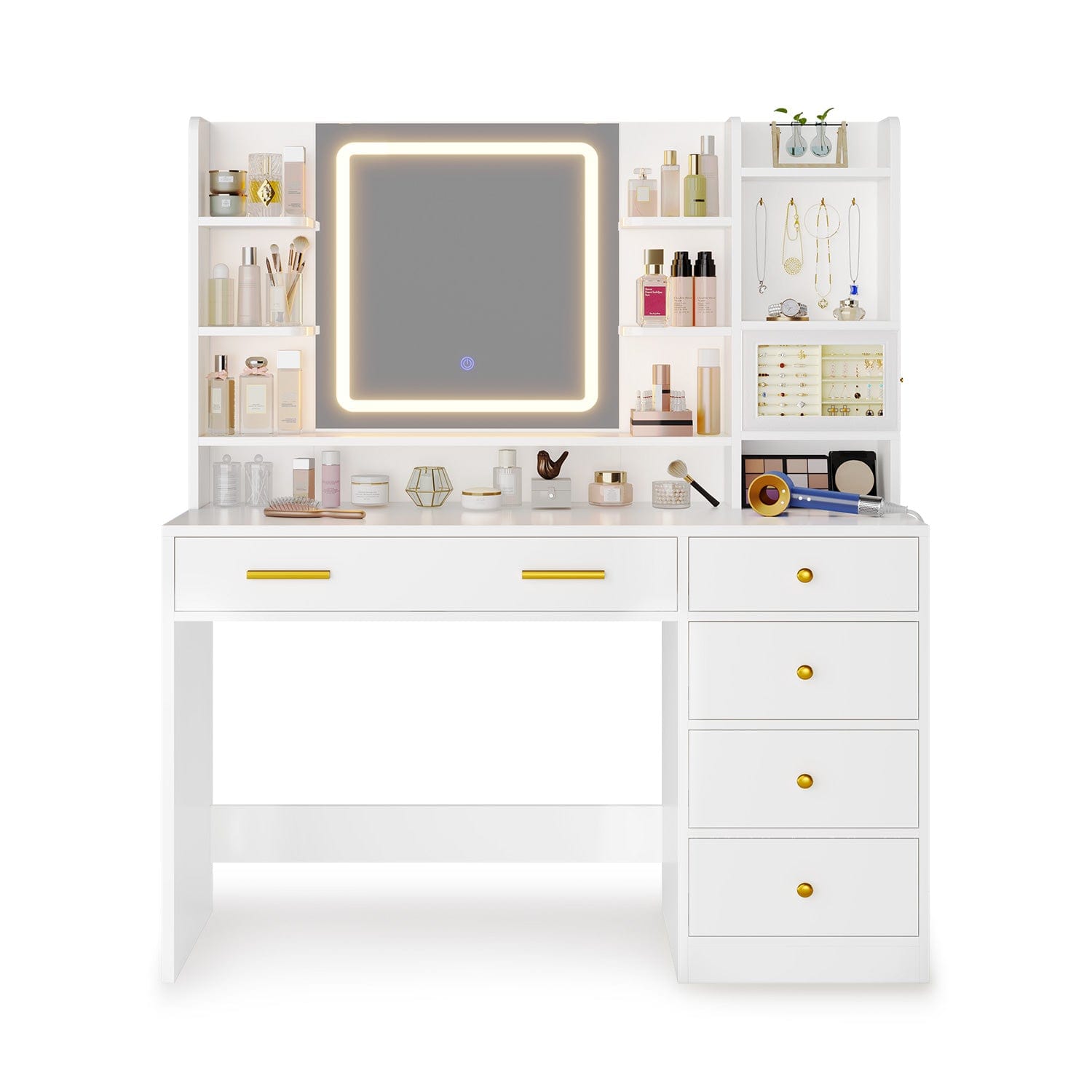 HAUOMS Vanity White / Engineered Wood / Modern Makeup Vanity with Jewelry Box White