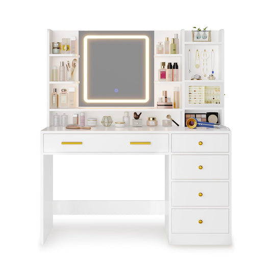 HAUOMS Vanity White / Engineered Wood / Modern Makeup Vanity with Jewelry Box White