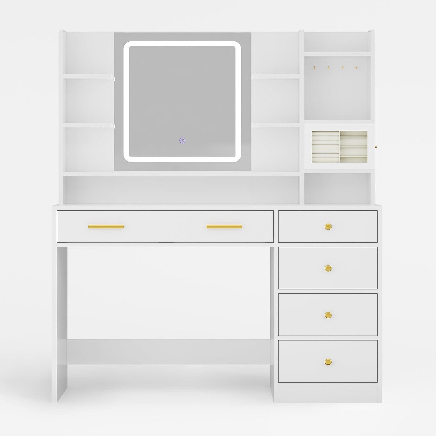 HAUOMS Vanity White / Engineered Wood / Modern Makeup Vanity with Jewelry Box White