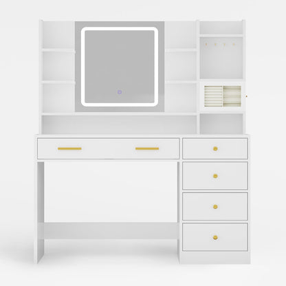 HAUOMS Vanity White / Engineered Wood / Modern Makeup Vanity with Jewelry Box White