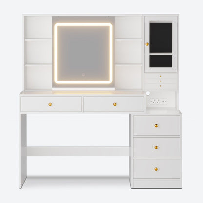 HAUOMS Vanity White / Engineered Wood / Modern Makeup Vanity with Jewelry Box White