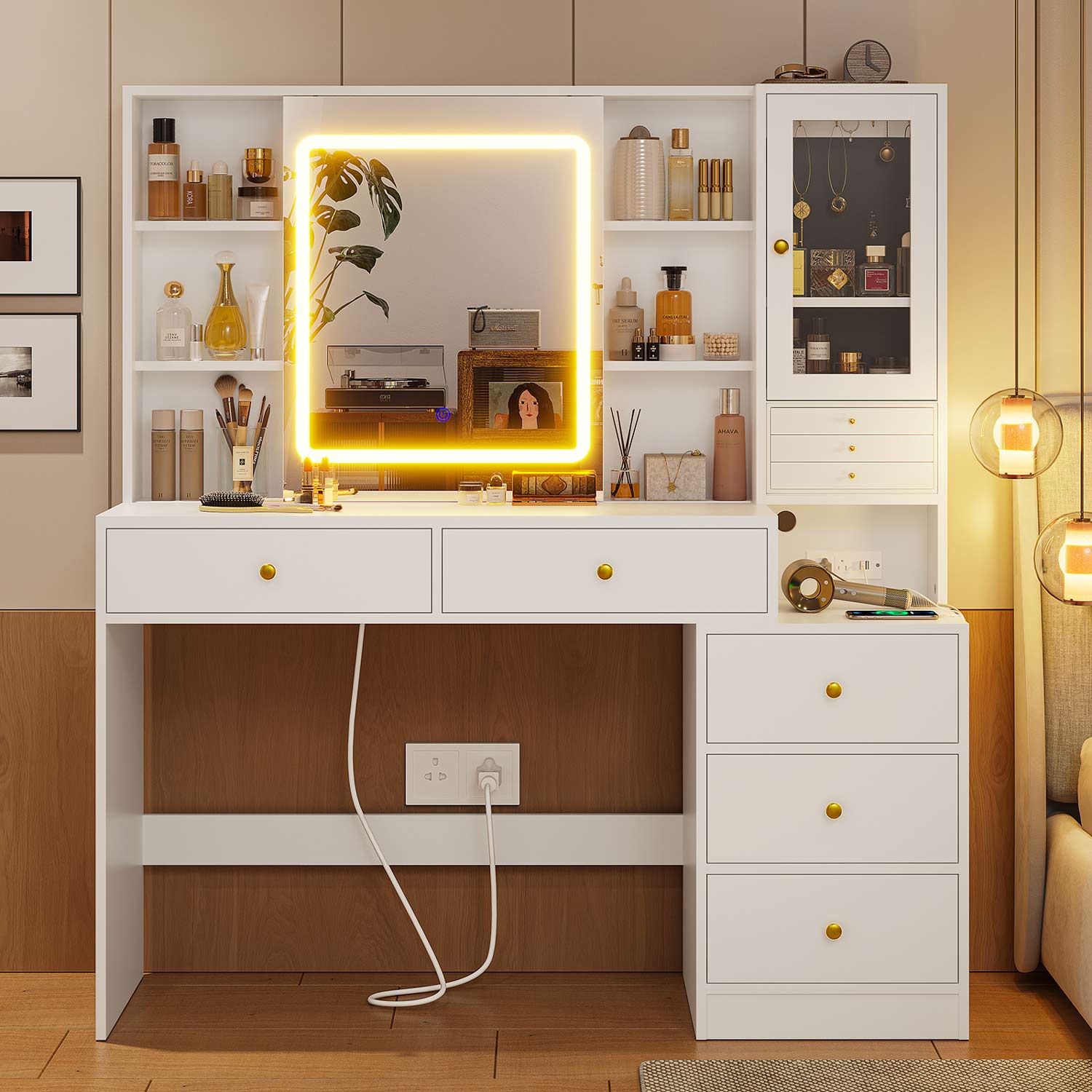 Hauoms Vanity White / Engineered Wood / Modern Makeup Vanity with Jewelry Box White