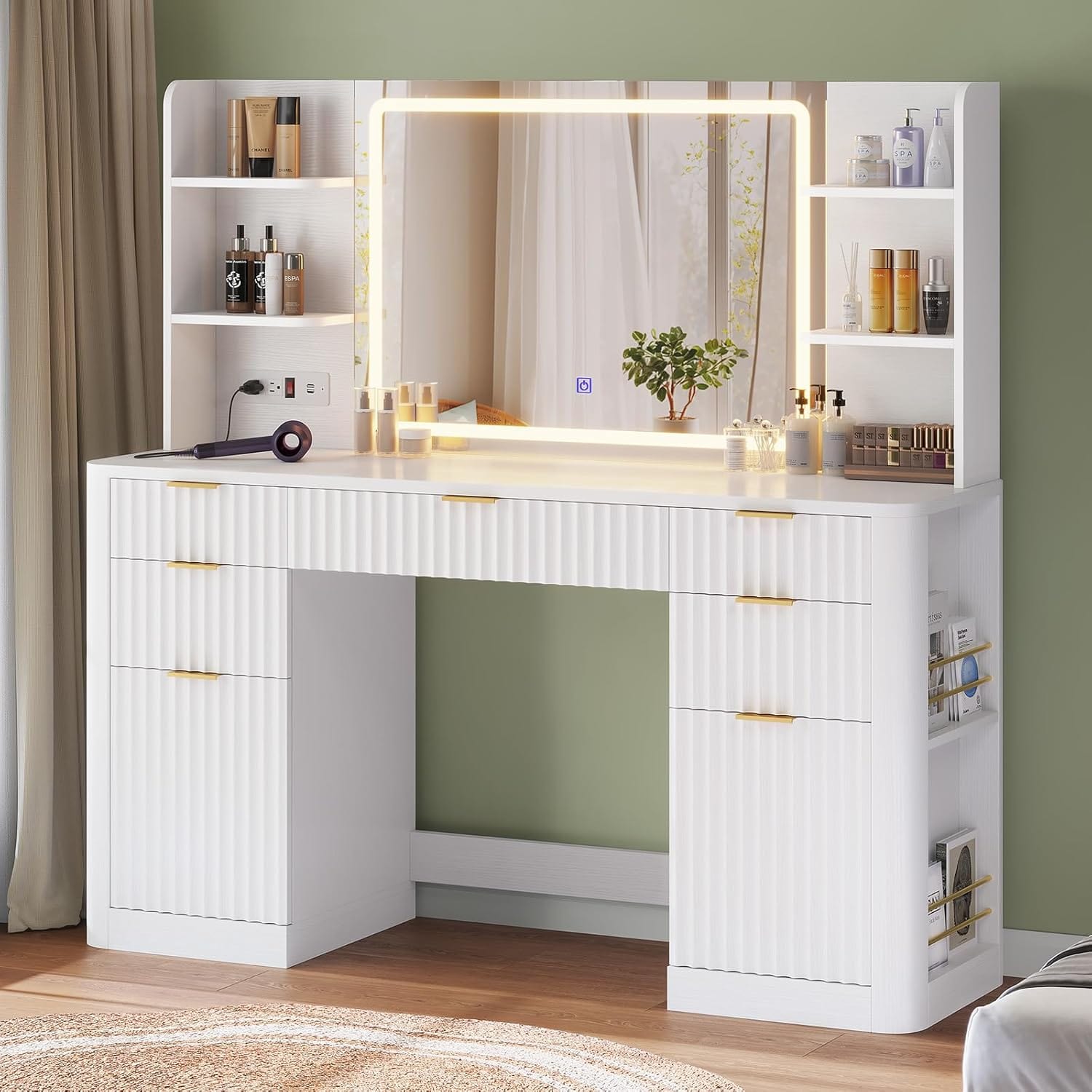 HAUOMS Vanity White Fluted Makeup Vanity Desk with Mirror and Lights White