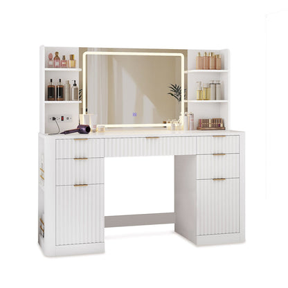 HAUOMS Vanity White Fluted Makeup Vanity Desk with Mirror and Lights White
