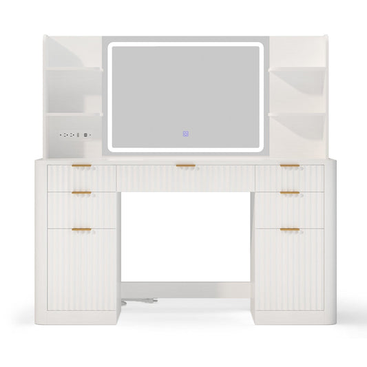 HAUOMS Vanity White Fluted Makeup Vanity Desk with Mirror and Lights White
