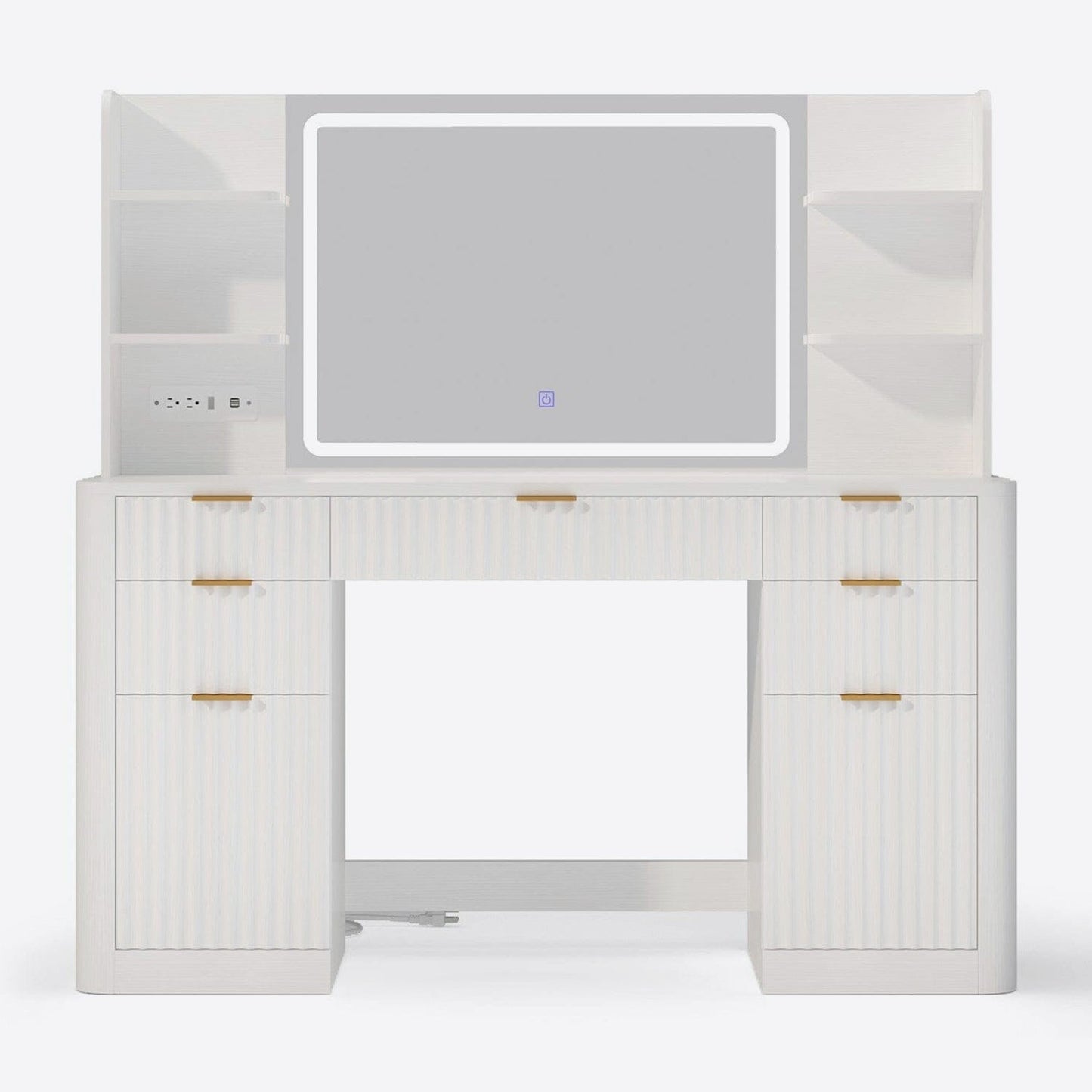 HAUOMS Vanity White Fluted Makeup Vanity Desk with Mirror and Lights White