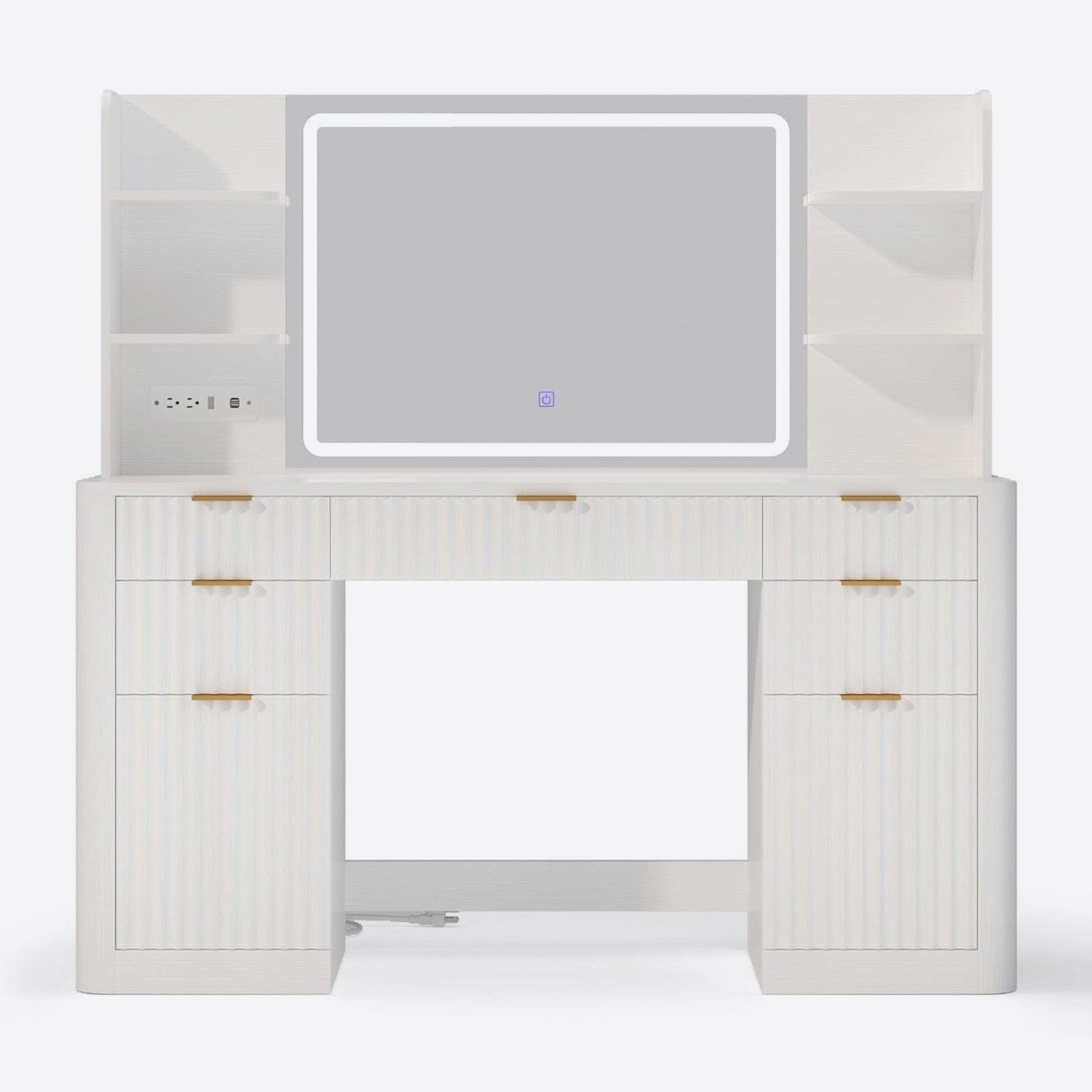 HAUOMS Vanity White Fluted Makeup Vanity Desk with Mirror and Lights White