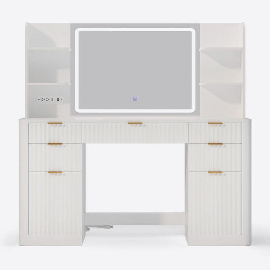 HAUOMS Vanity White Fluted Makeup Vanity Desk with Mirror and Lights White