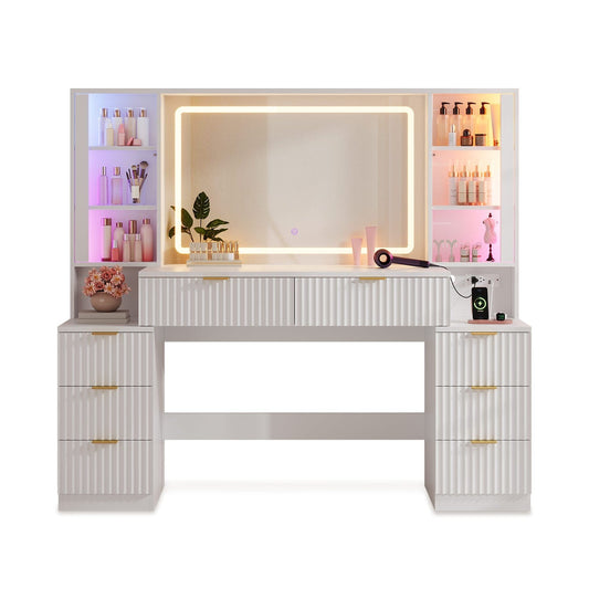 HAUOMS Vanity White Fluted Makeup Vanity with LED Mirror & Sound Sync Lights White