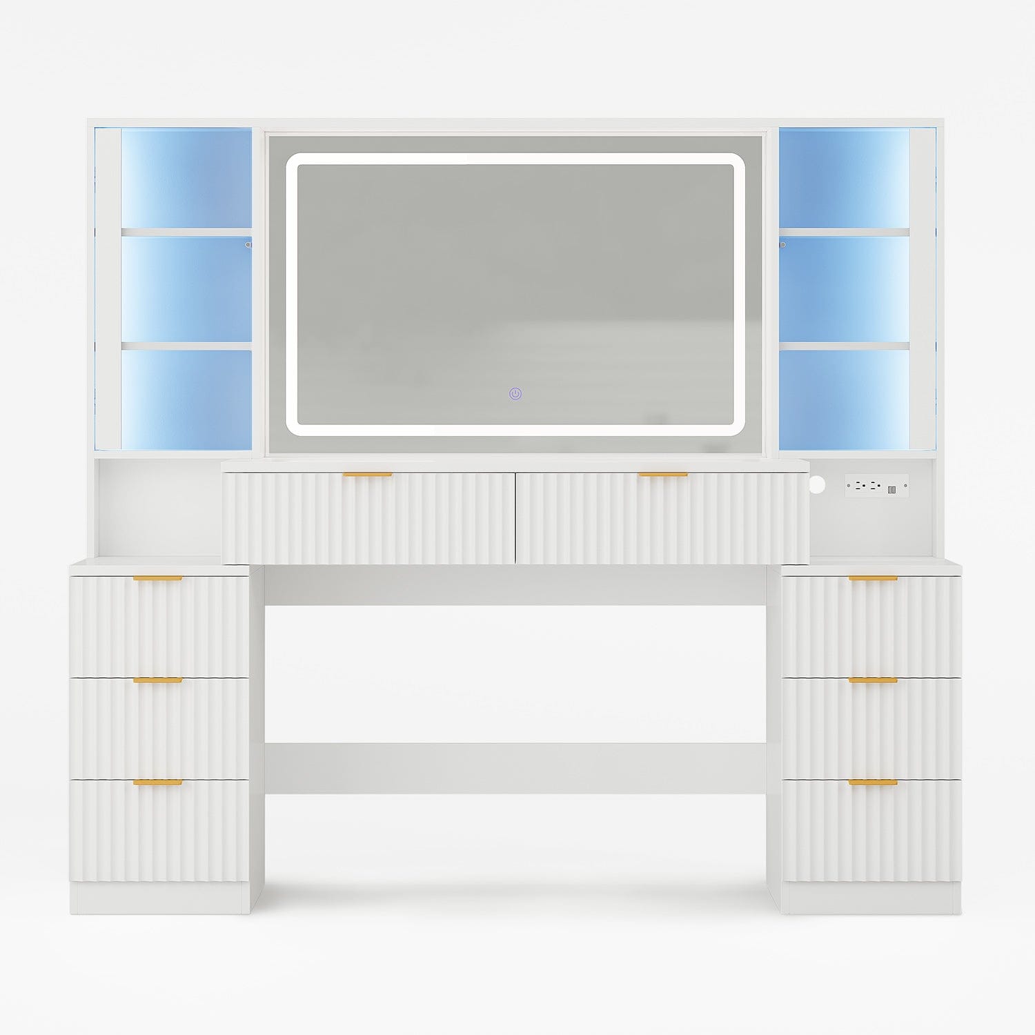 HAUOMS Vanity White Fluted Makeup Vanity with LED Mirror & Sound Sync Lights White