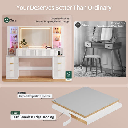 HAUOMS Vanity White Fluted Wood Makeup Vanity Desk with Mirror and Sound Sync LED Lights White