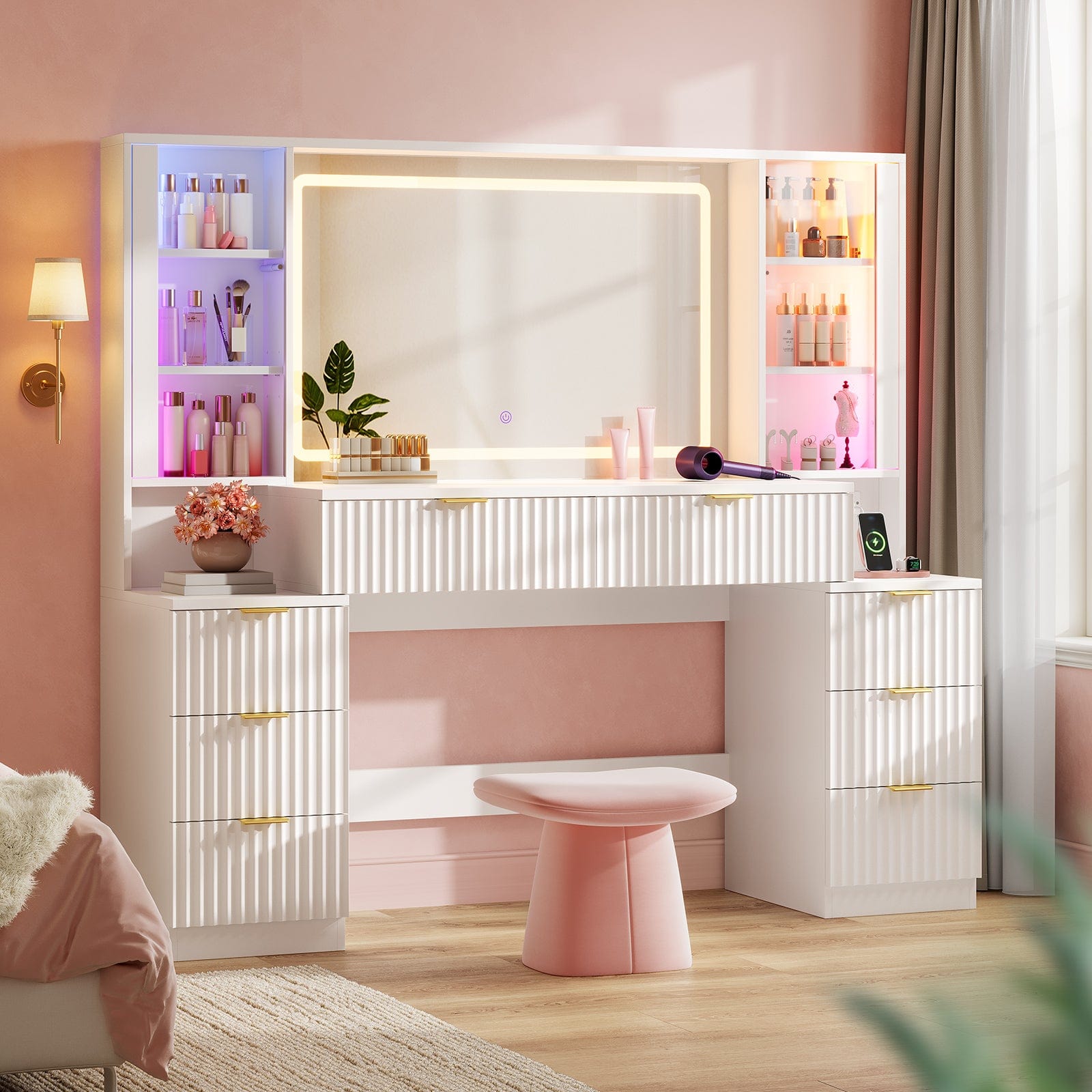 HAUOMS Vanity White Fluted Wood Makeup Vanity Desk with Mirror and Sound Sync LED Lights White