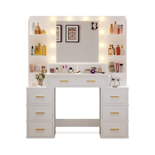 HAUOMS Vanity White / Glass / Modern Glass Top Makeup Vanity White