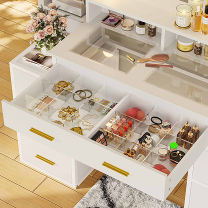 Hauoms Vanity White / Glass / Modern Glass Top Makeup Vanity White