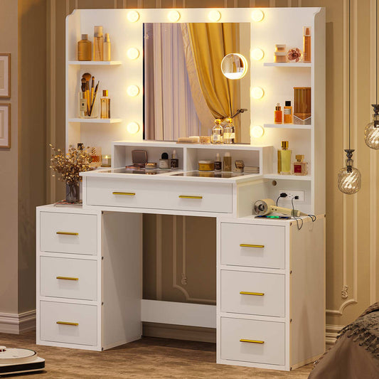 Hauoms Vanity White / Glass / Modern Glass Top Makeup Vanity White