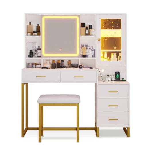 HAUOMS Vanity White & Gold Makeup Vanity with Upholstered Stool White & Gold