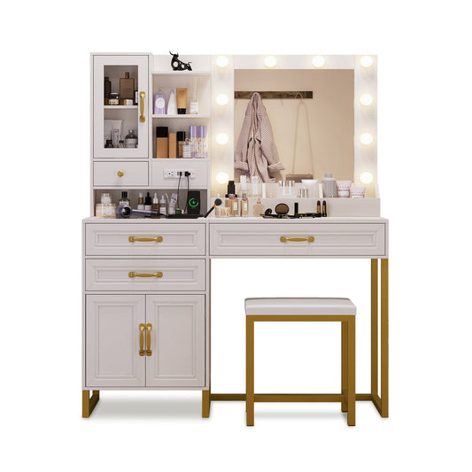 HAUOMS Vanity White & Gold / Metal / Modern LED Makeup Vanity Set White & Gold