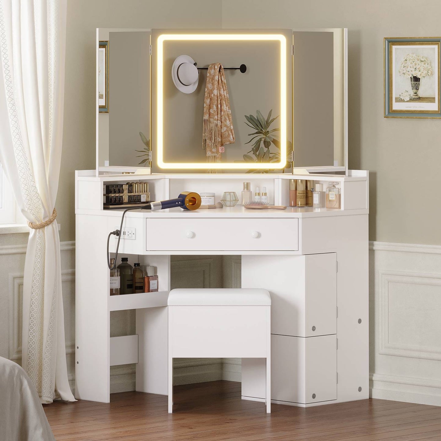 HAUOMS Vanity White HAUOMS 42.5" Corner Vanity Desk with Mirror and Lights Makeup Vanities with Storage Bench and Rotating Shelves Power Outlet